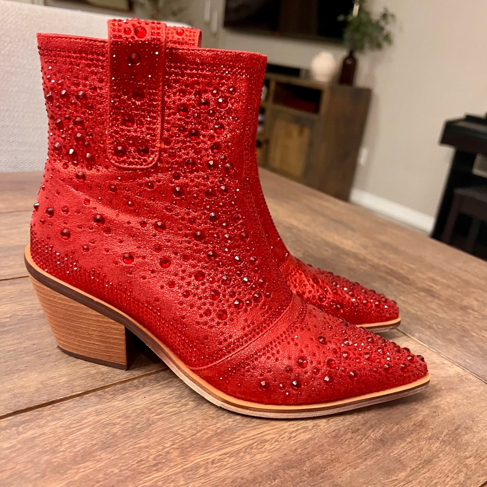 Isnom Red Rhinestone Sparkly Cowboy Boots - Picture 7 of 11